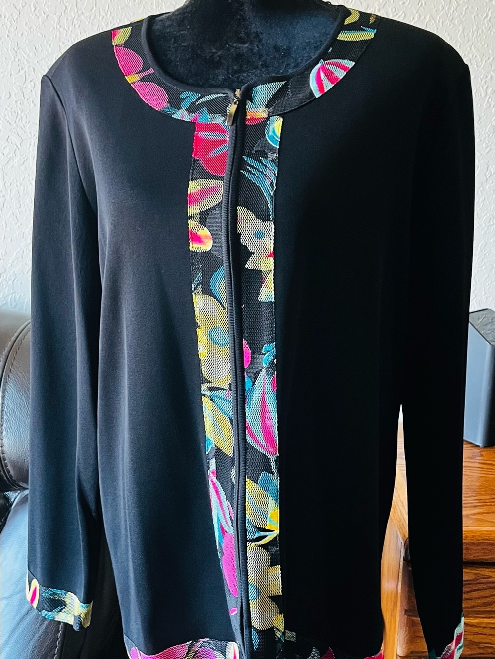 Misook Black Open-Front Jacket with Bright Floral Trim